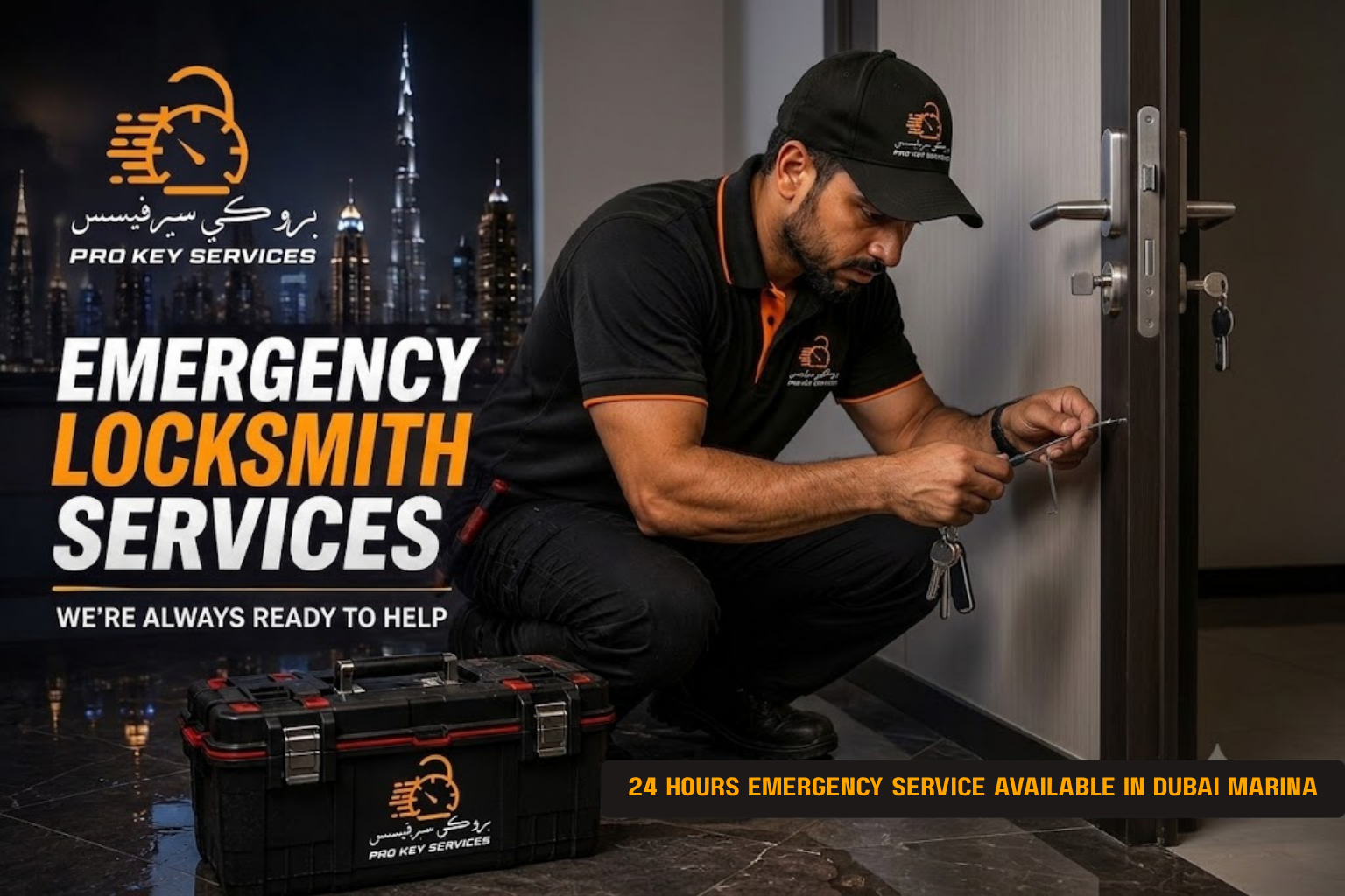 Pro Key Services locksmith working in a Dubai Marina tower