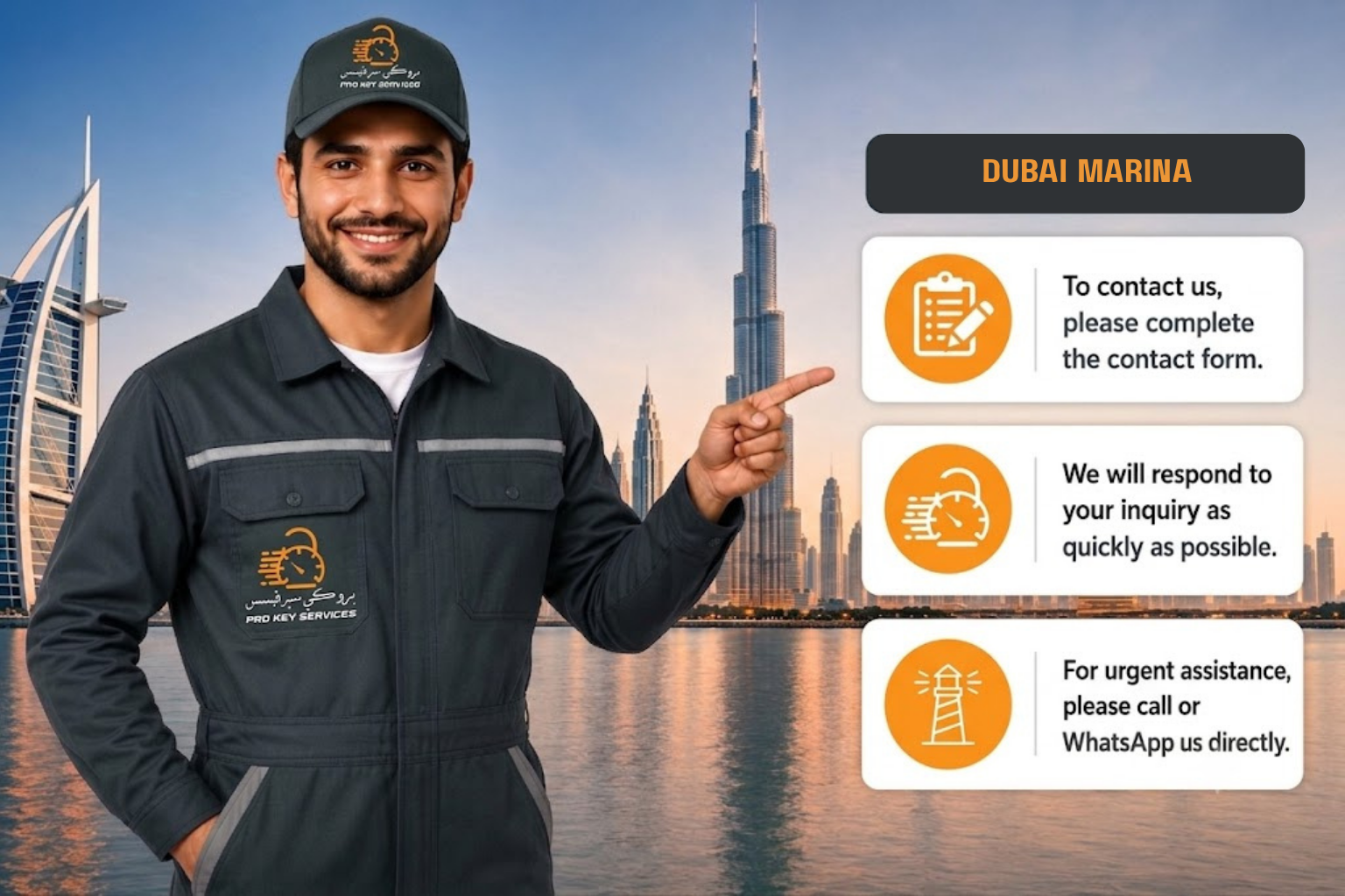 Pro Key Services locksmith pointing to the Dubai Marina contact form