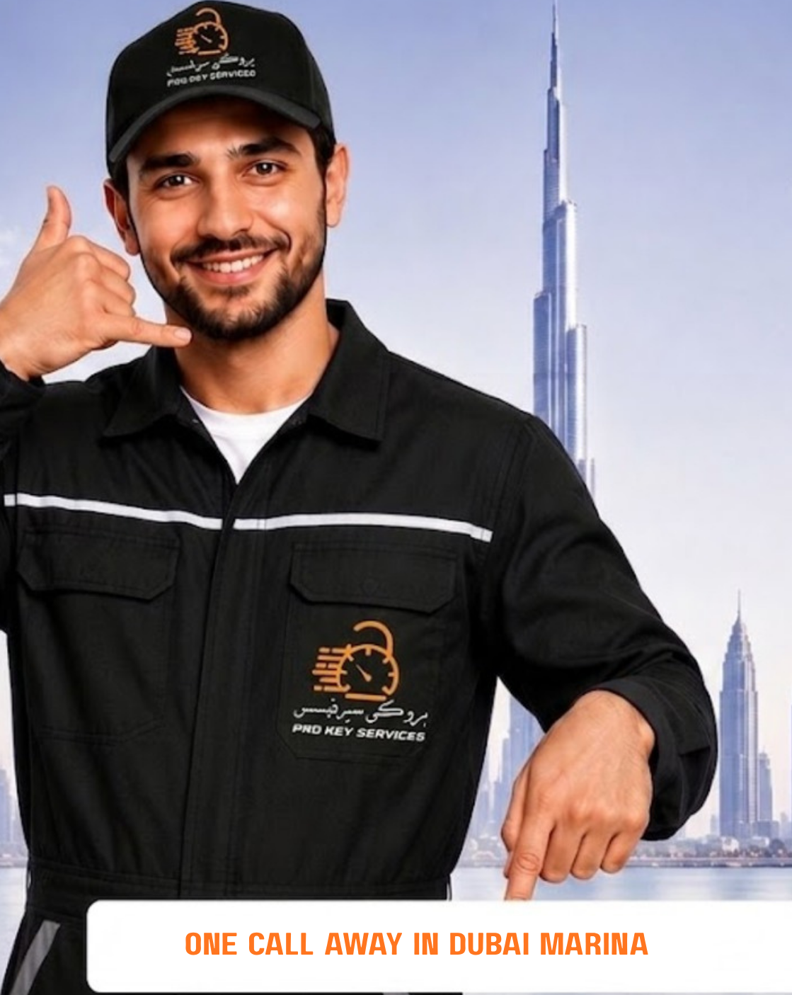 Pro Key Services locksmith pointing down to the Dubai Marina contact form