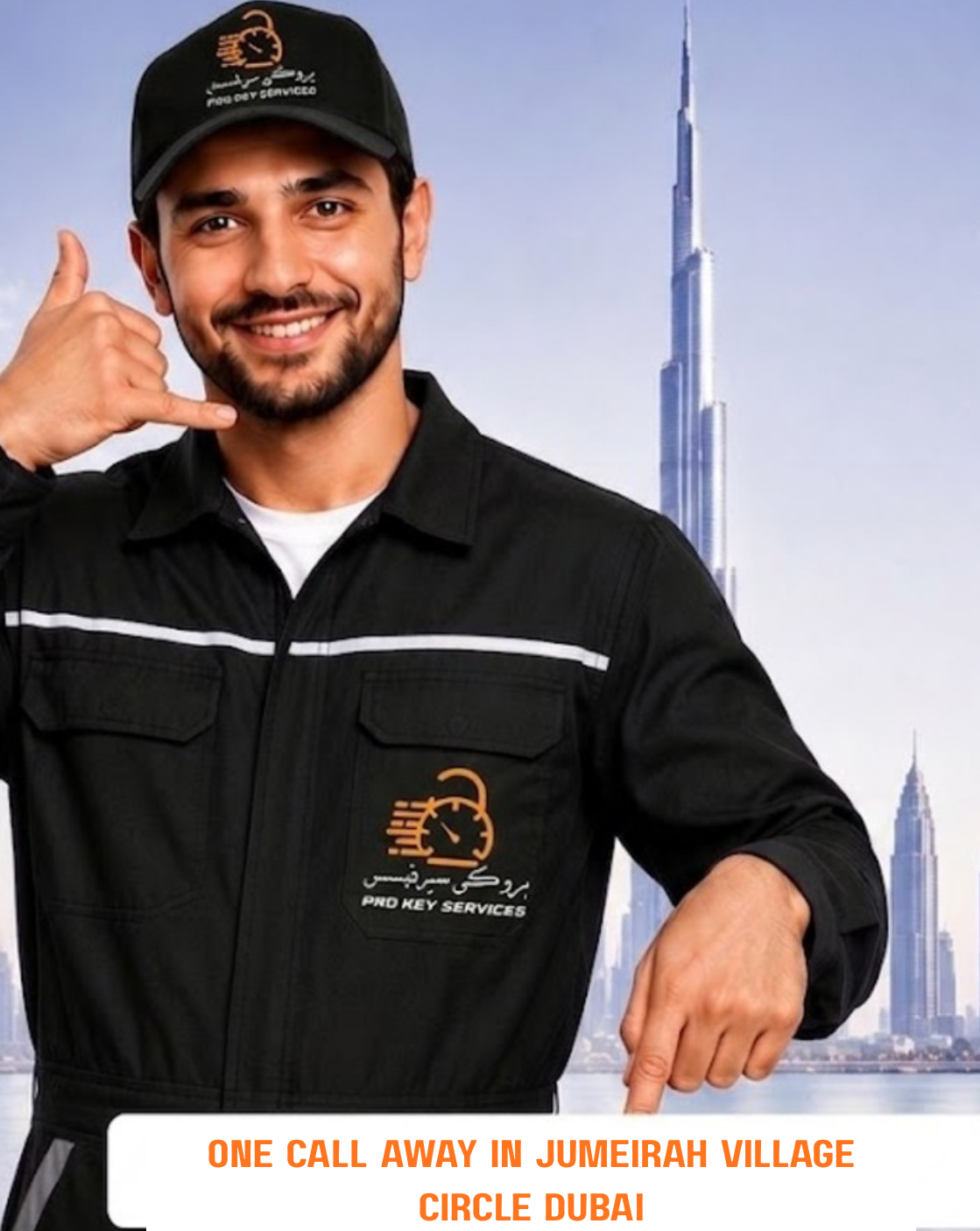 Pro Key Services locksmith pointing down to the JVC contact form