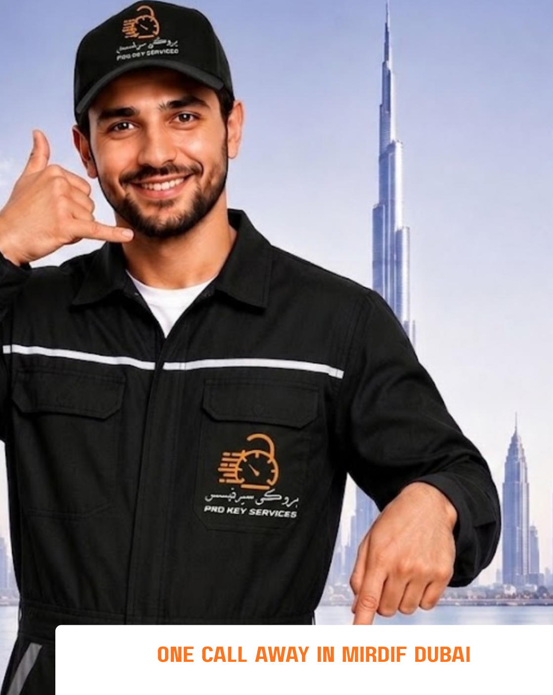 Pro Key Services locksmith pointing down to the Mirdif contact form