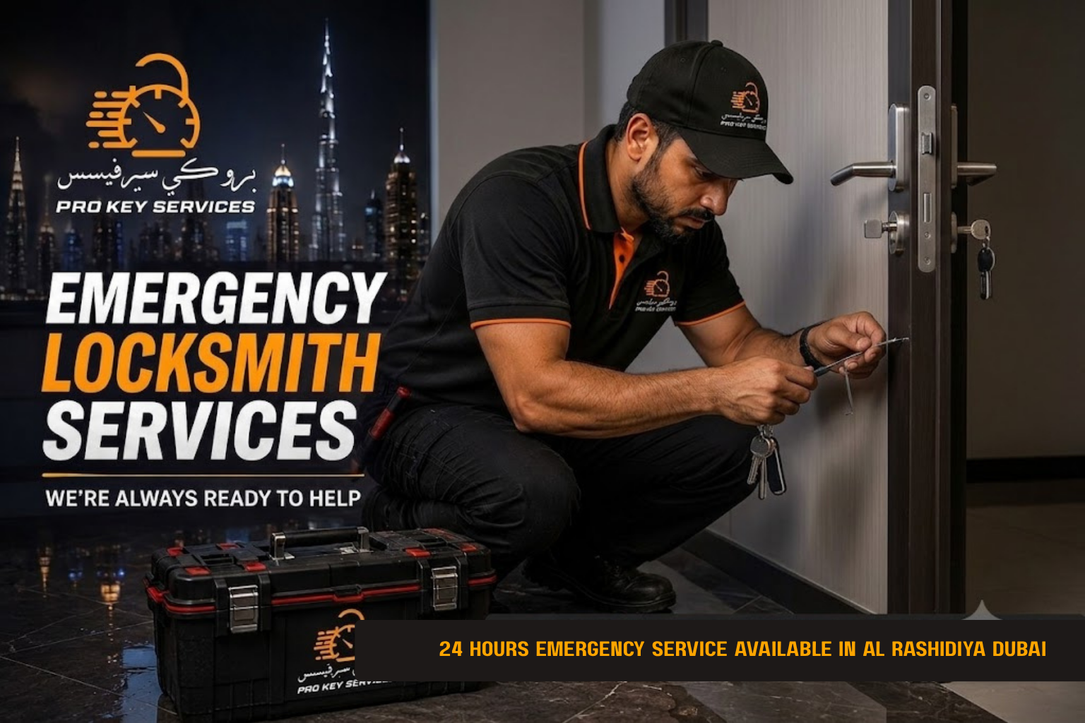 Pro Key Services locksmith working on an older villa door in Al Rashidiya Dubai