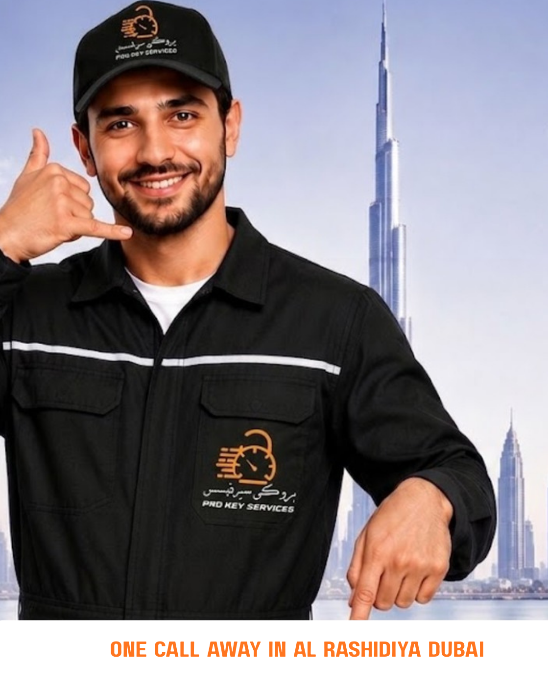 Pro Key Services locksmith pointing down to the contact form
