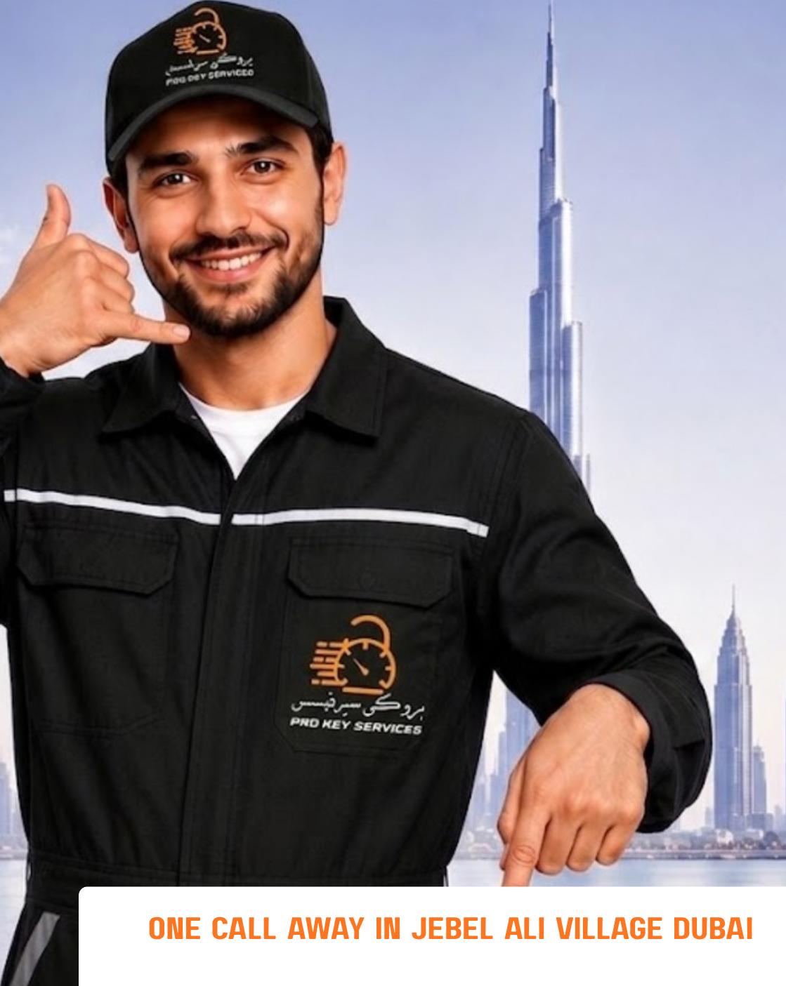 Pro Key Services locksmith pointing down to the Jebel Ali Village contact form