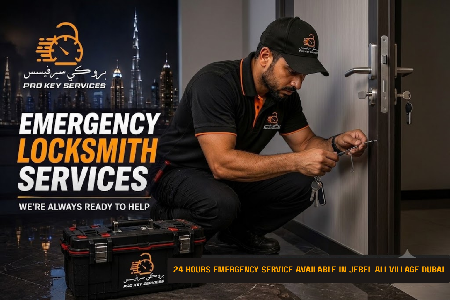 Pro Key Services locksmith working on a villa door in Jebel Ali Village