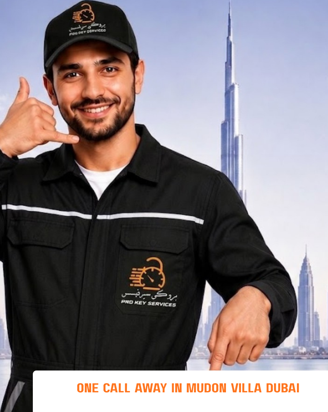 Pro Key Services locksmith pointing down to the Mudon contact form