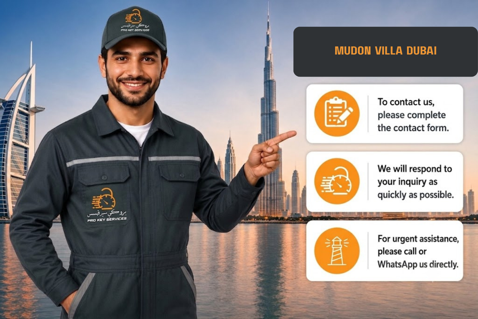 Pro Key Services locksmith pointing to the Mudon contact form